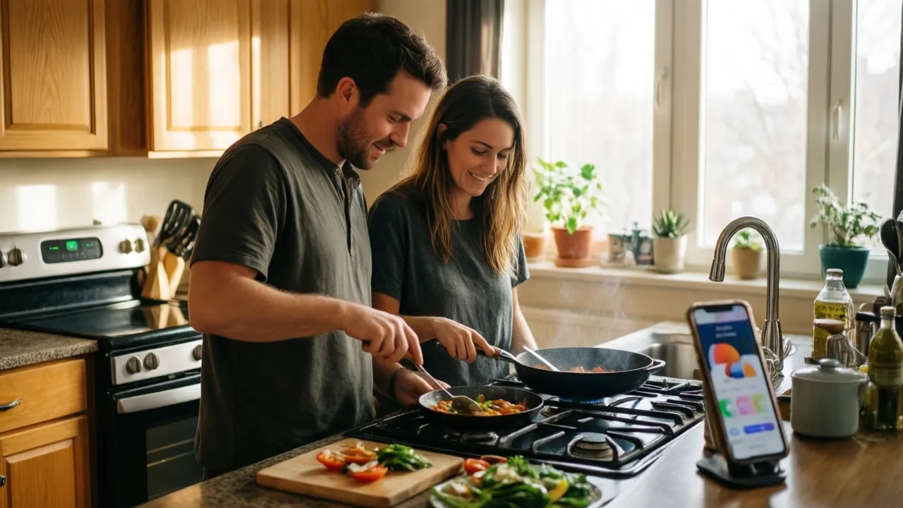 Couple cooking together in a bright apartment kitchen with a phone showing their budget on the counter