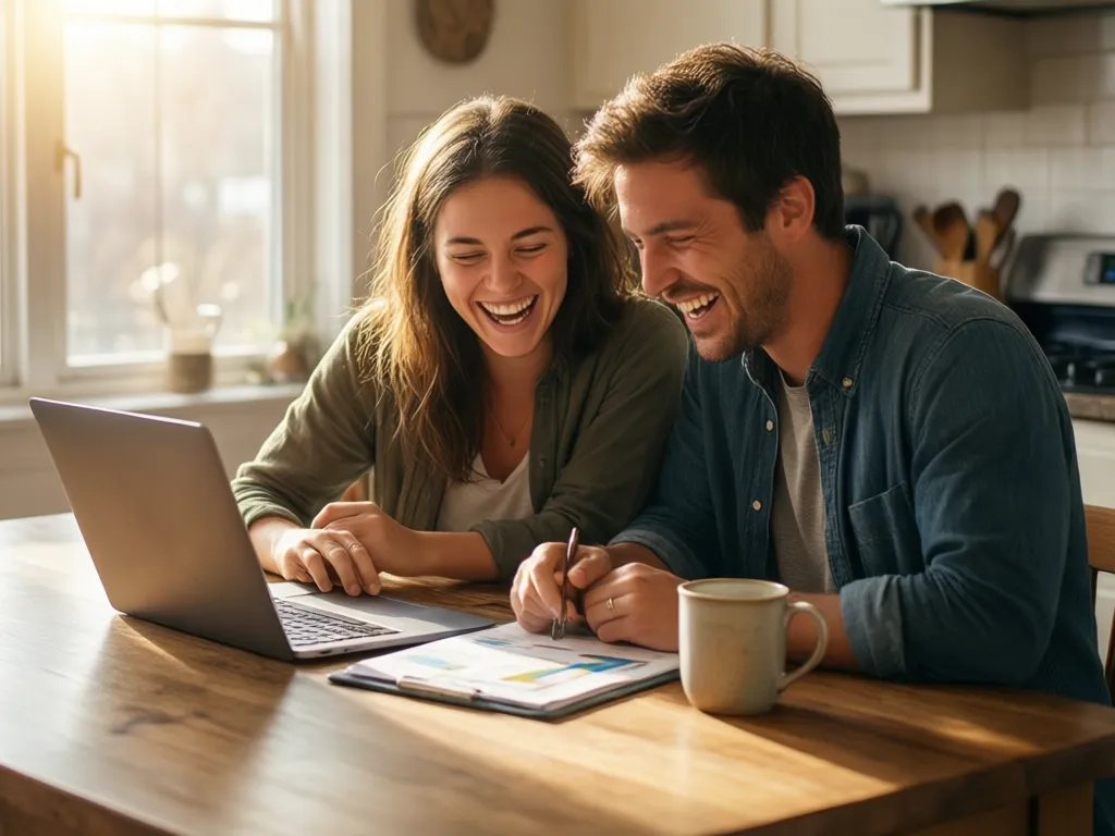 Maya and Jonas laughing together at a sunny kitchen table, reviewing their budget on a laptop with coffee mugs