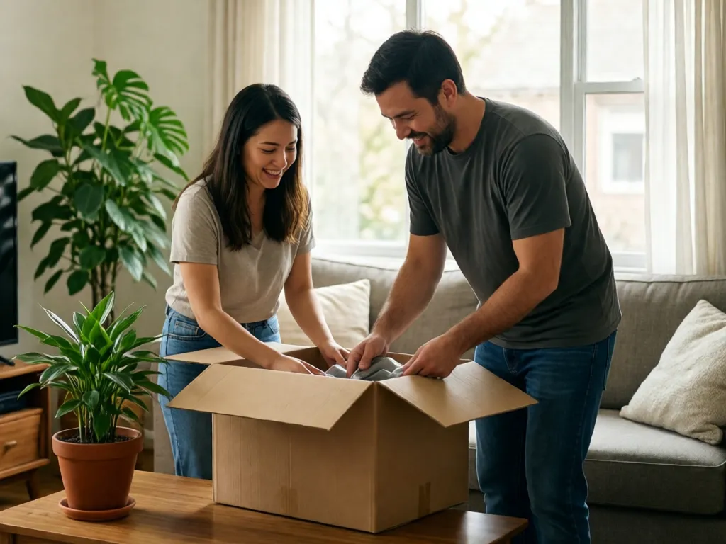 Couple unpacking boxes in a living room with a houseplant, smiling in soft window light
