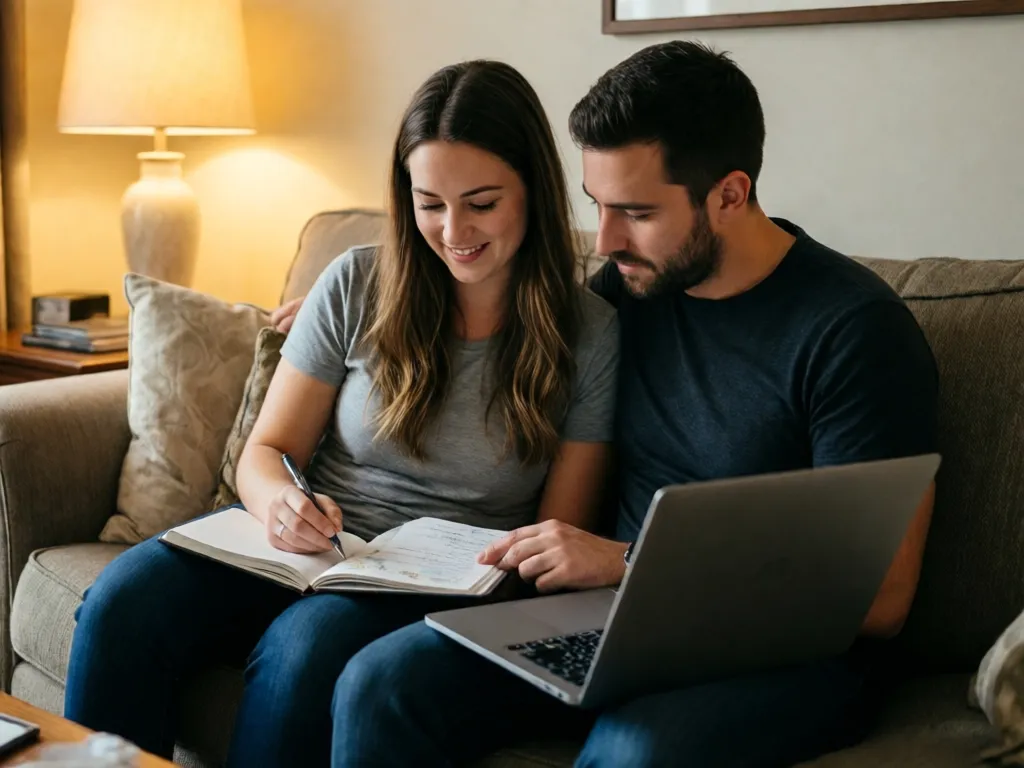 Engaged couple on a couch with a notebook and laptop planning wedding savings under cozy lamp light